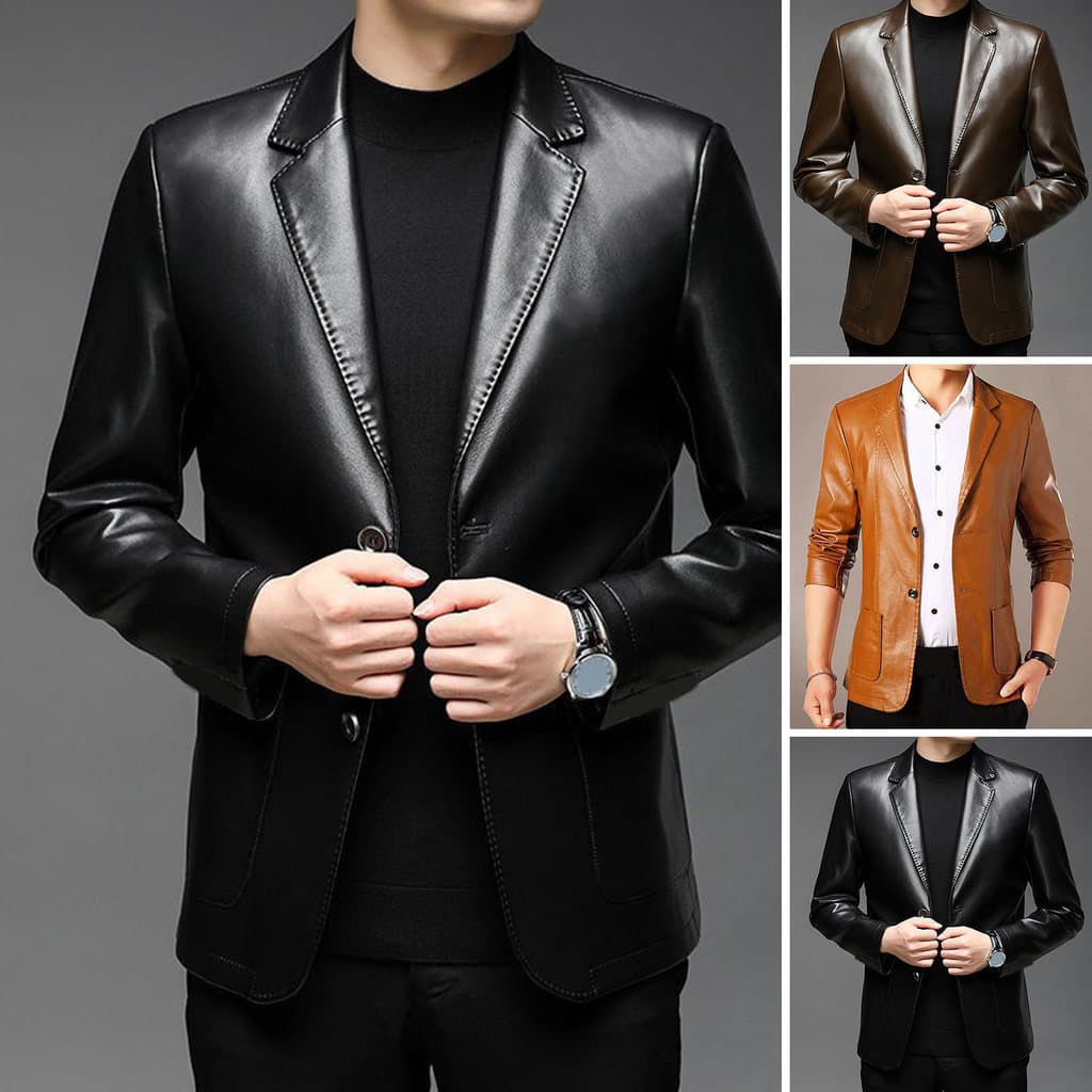 [CCF] Jaqueta Masculina Com Bolso Elegante Botão Punhos Lapela Gola Primavera Outono Casaco Masculino De Couro Falso Par