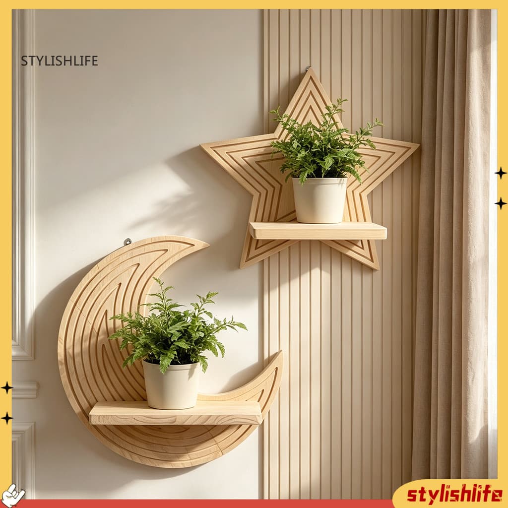 stylishlife Moon Star Prateleira De Parede Boho Prateleiras Flutuantes De Madeira Suporte De Plantas Montado Na Para Sal