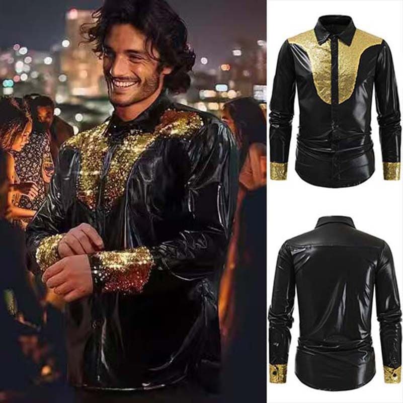 Camisa De Lantejoulas Dourada Brilhante Masculina Slim Fit Manga Comprida Camisas Sociais 70s Boate Festa Palco Cantor T