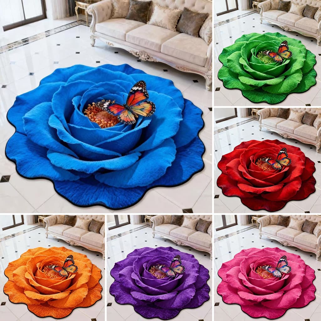 bluehome-3D Tapete De Flores Em Formato De Flor Grande Sala De Estar Borboleta Floral Realista Com Fundo Antiderrapante 