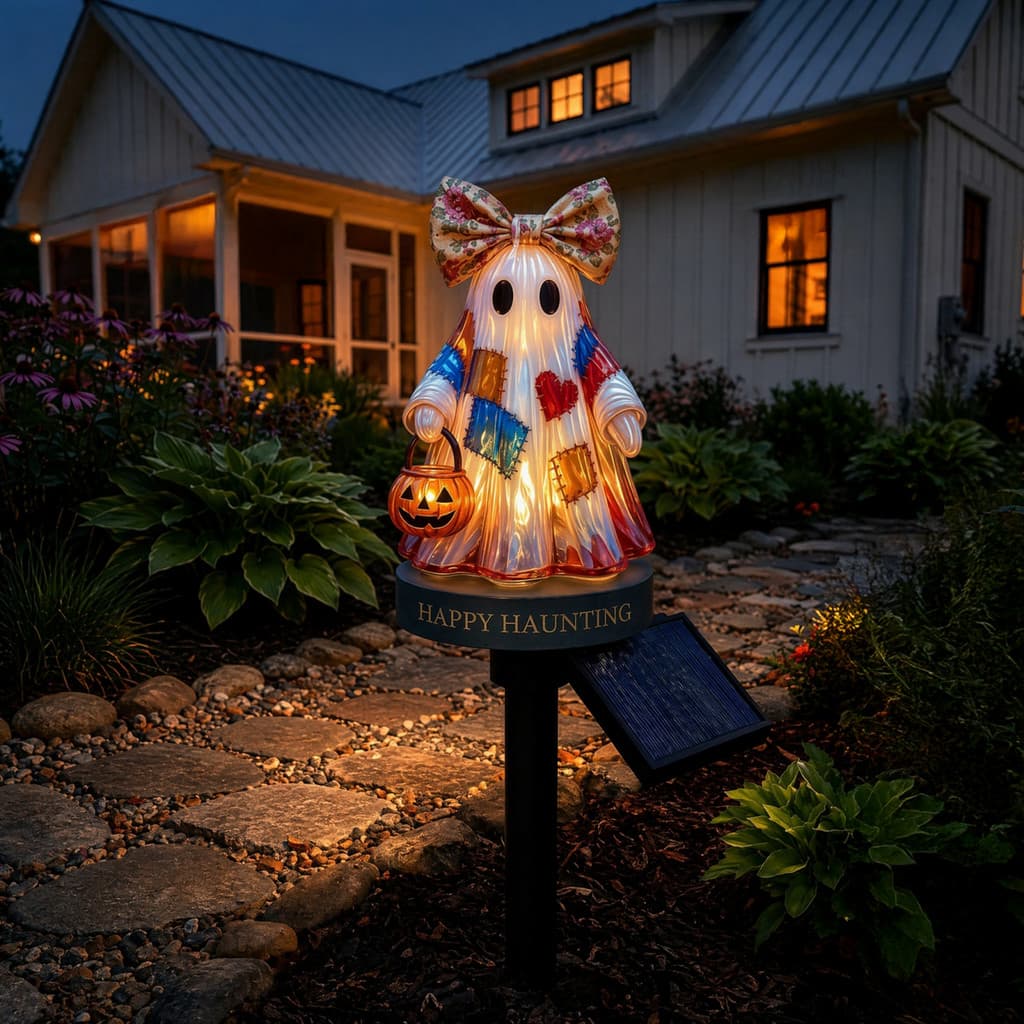 seafeel Solar Retro Patchwork Ghost Light , Estaca De Jardim De Halloween Em Tecido Com Lanterna De Abóbora , Decoração 