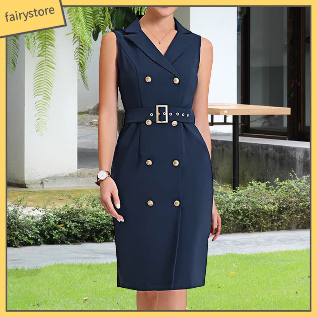 { fairystore88 } Vestidos De Terno Feminino Verão Sem Mangas Bodycon Midi Vestido Lapela Decote Em V Duplo Breasted Trab