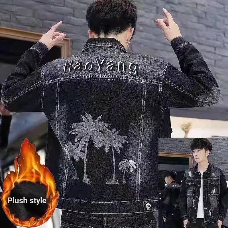 2026 jaqueta jeans preta masculina outono inverno versão coreana na moda Retro jaqueta Street Wear forro de lã jaqueta e