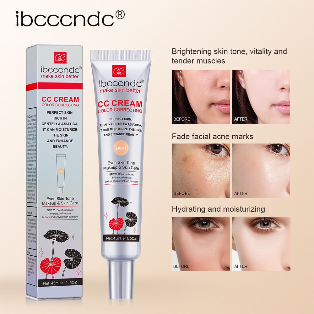 Creme Facial CC Corretor de Cor com Centella Asiatica, BB Cream Reparador e Base Líquida Clareadora - 45ml.