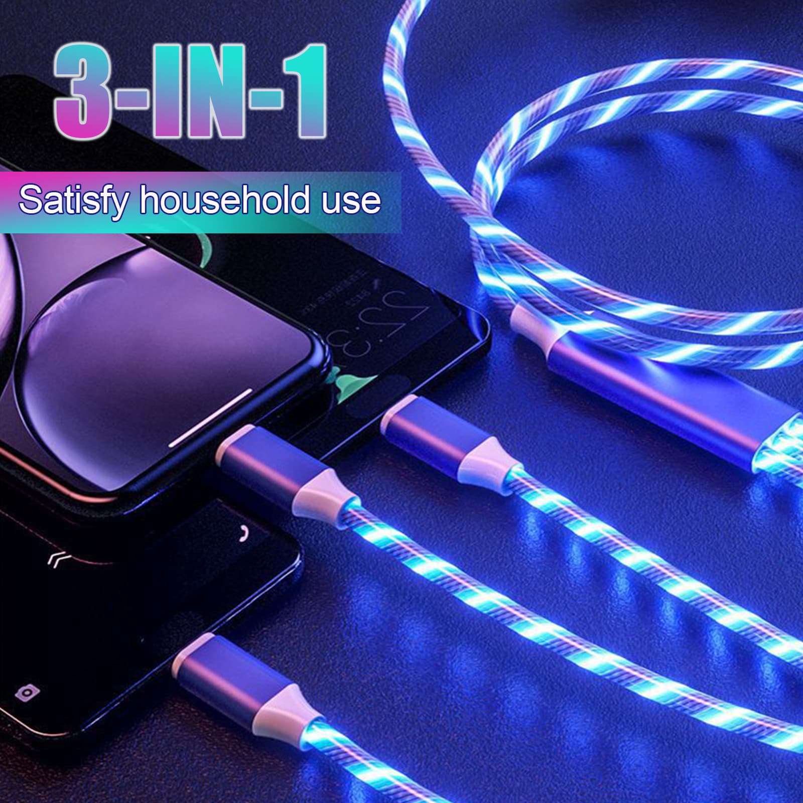 Novo cabo de carregamento rápido 3 em 1 com luz LED RGB, Tipo-C e Micro USB, cabo de carregamento rápido colorido.