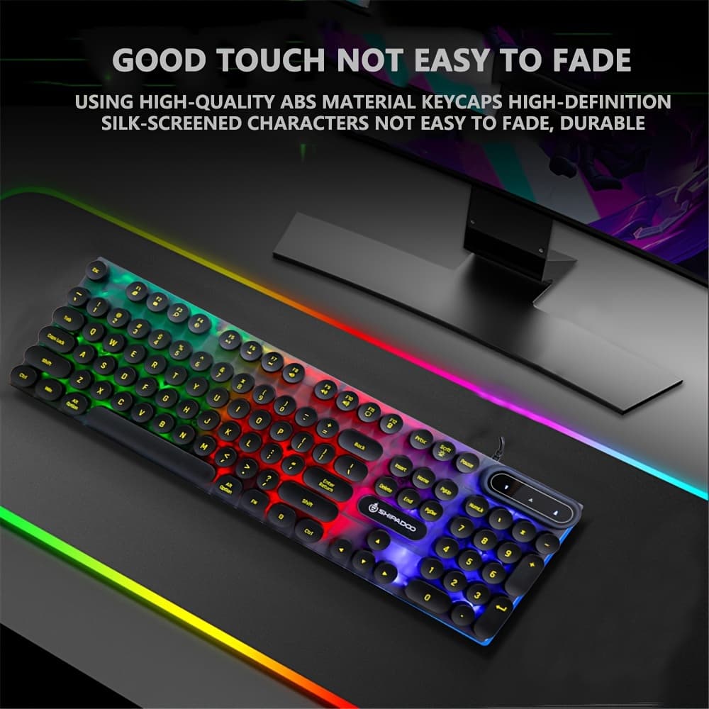  Teclado de Jogos com Fio K500 USB para Desktop, Teclado Retroiluminado com LED Arco-Íris, Design Mecânico Steampunk com