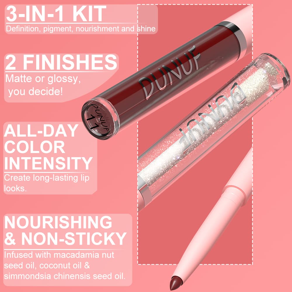 Conjunto De Brilho Labial E Delineador DUNUF Velvet Matte-2 Em 1 À Prova D'água , Resistente Ao Suor , Batom Líquido De 