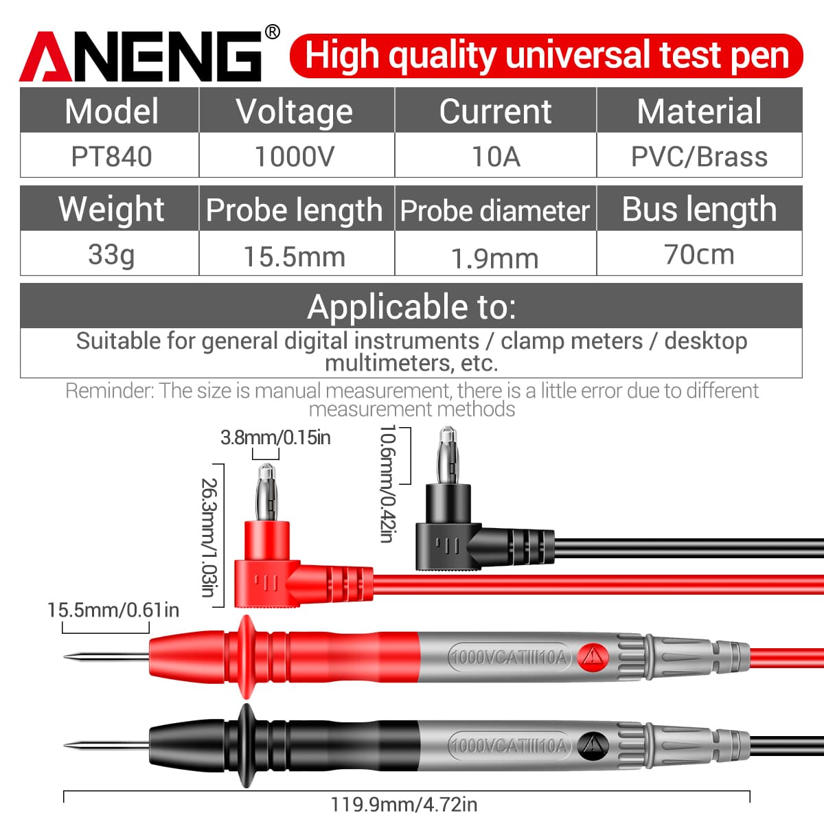 Novo Kit de Probes de Multímetro Digital ANENG PT840 - Fios de Teste de 1000V 10A com Agulhas e Cabos