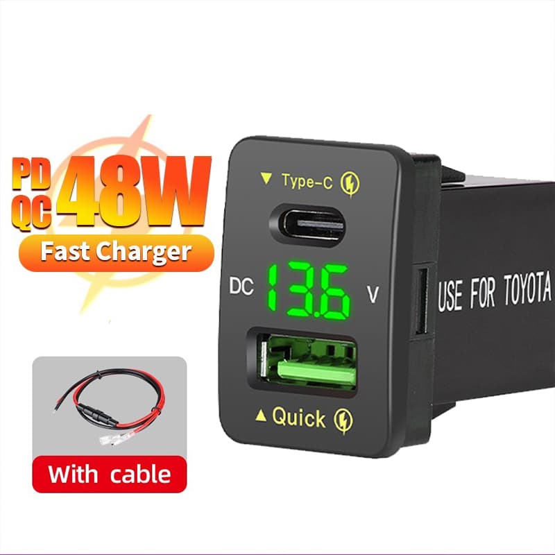  Carregador de carro USB-C QC3.0 de 48W, carregamento rápido de 12V/24V para Toyota, celulares