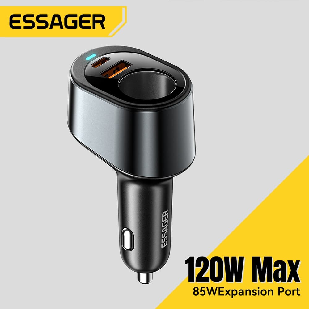 Essager Carregador Veicular USB C 120W com 85W Adaptador de Carregador Veicular Porta para Xiaomi iPhone 16 15 14