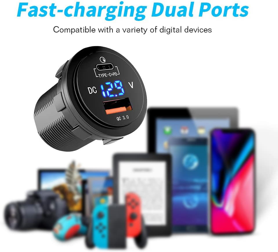 Carregador Veicular USB 3.0 PD Tipo C, Tomada USB Veicular Rápida 12V com Voltímetro Digital LED, Compatível com
