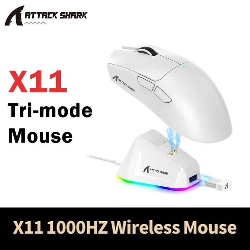 Mouse Attack Shark X11 sem fio PAW3311, dock de carregamento magnético, mouse RGB com 22000DPI