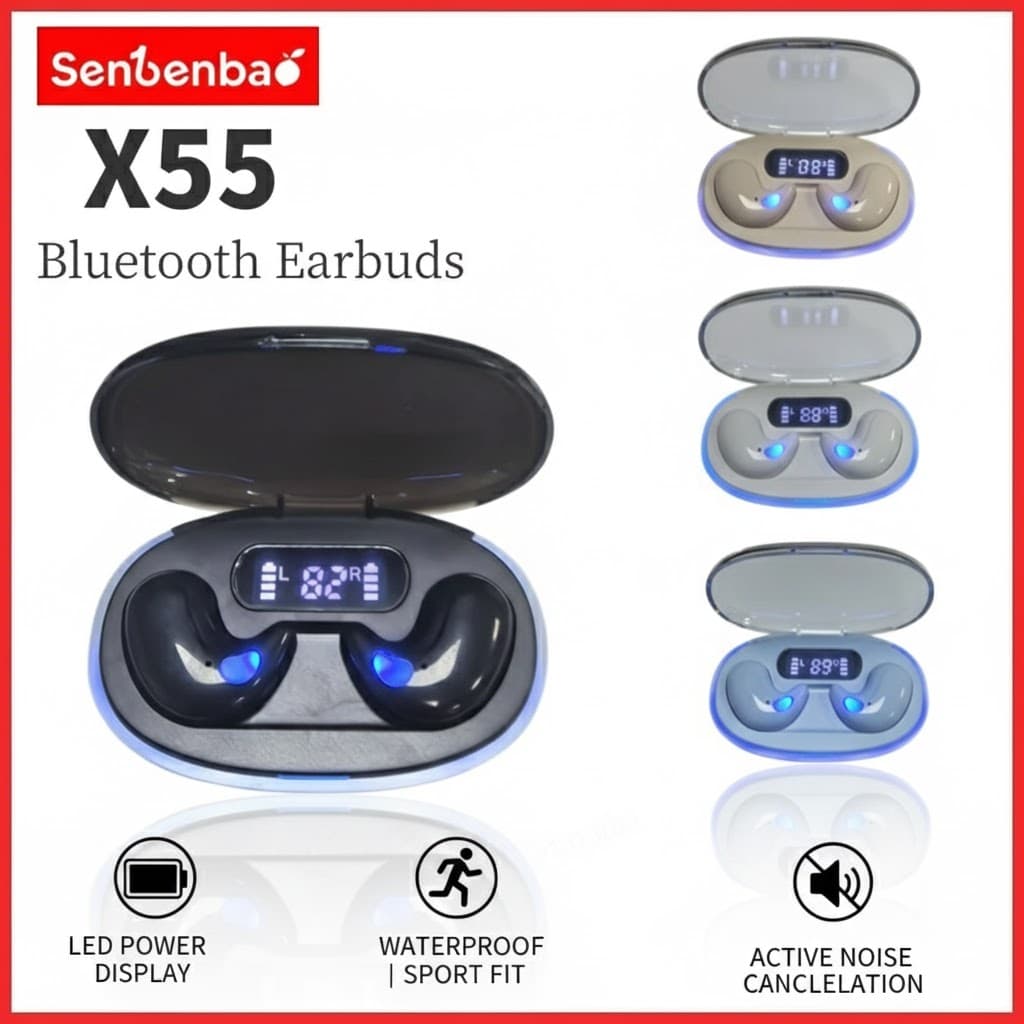 Senbenbao X55 Fones De Ouvido TWS Sleep Wireless Bluetooth Led Displa HIFI Som Estéreo Fone À Prova D'água Com Cancelame