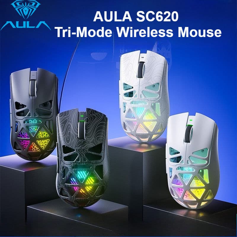 Mouse Gamer Sem Fio AULA SC620, Tri-Modo, Bluetooth, 2.4G e Com Fio, 67g, Design de Favo de Mel, Sensor PAW3311 12000