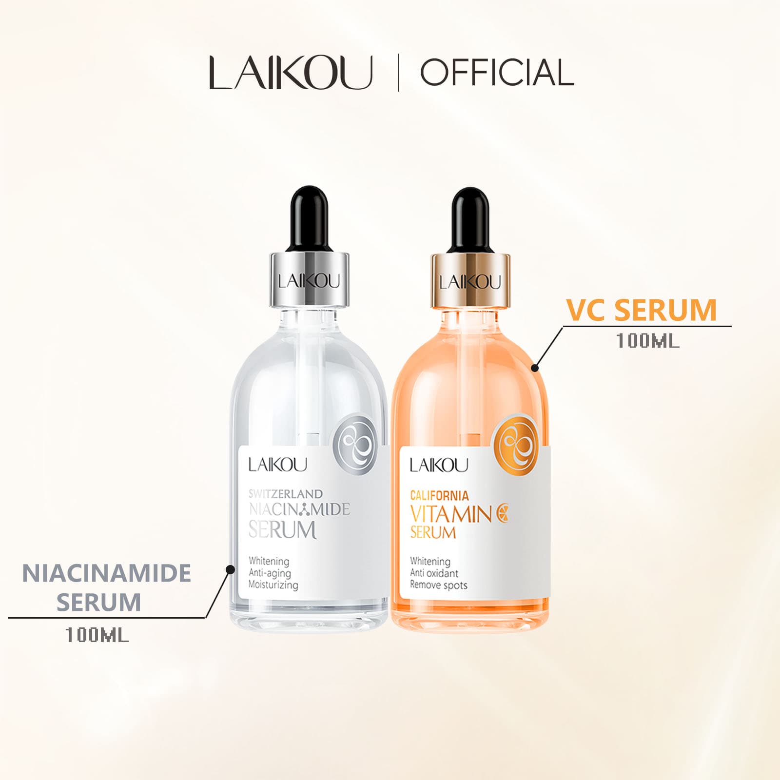  LAIKOU Kit Facial com 2 Séruns de 100ml: Essência Hidratante de Vitamina C e Niacinamida para Uniformização do Tom