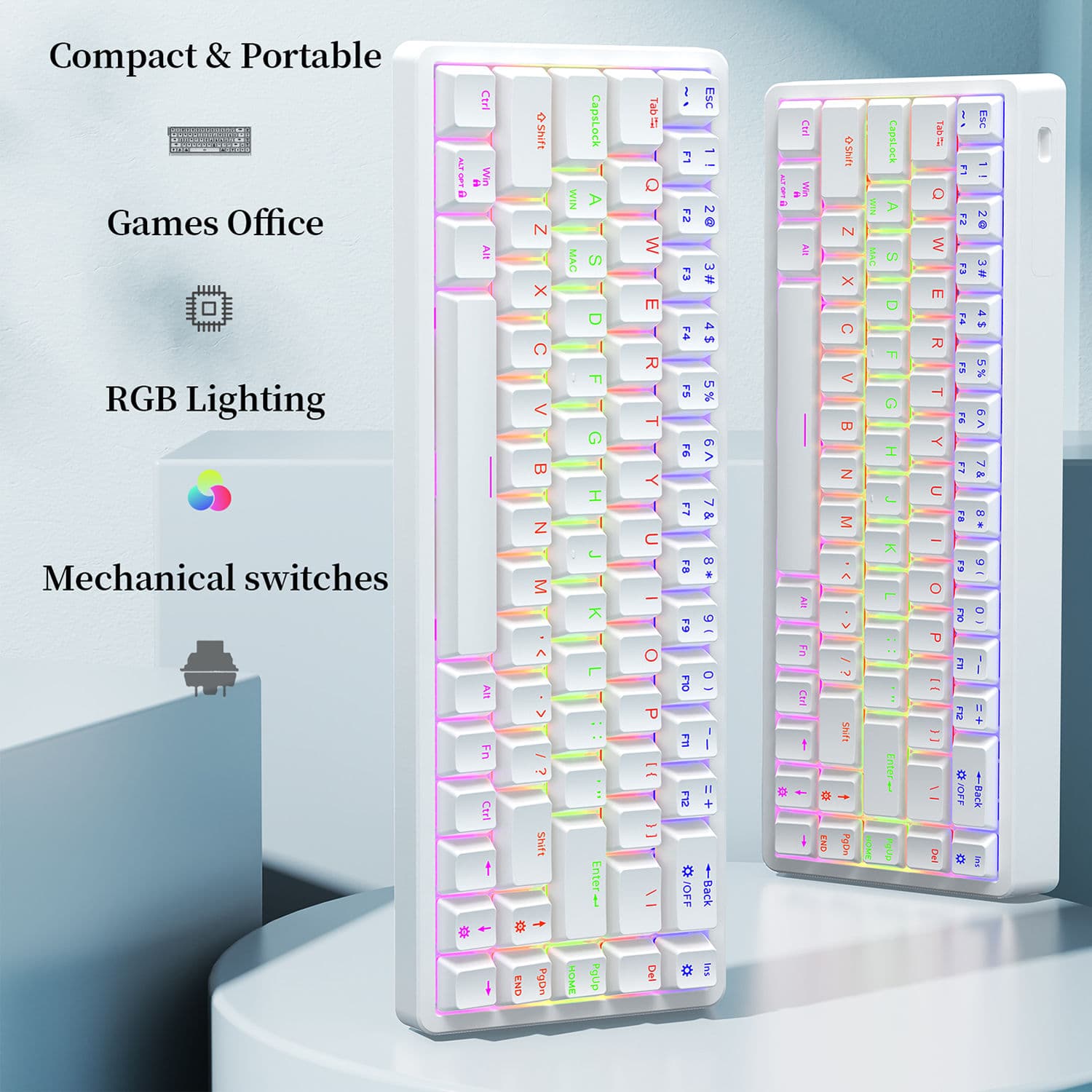 Teclado Mecânico para Jogos Teclado Ergonômico com Fio, 68 Teclas, Interruptor Vermelho Branco, Retroiluminação RGB,