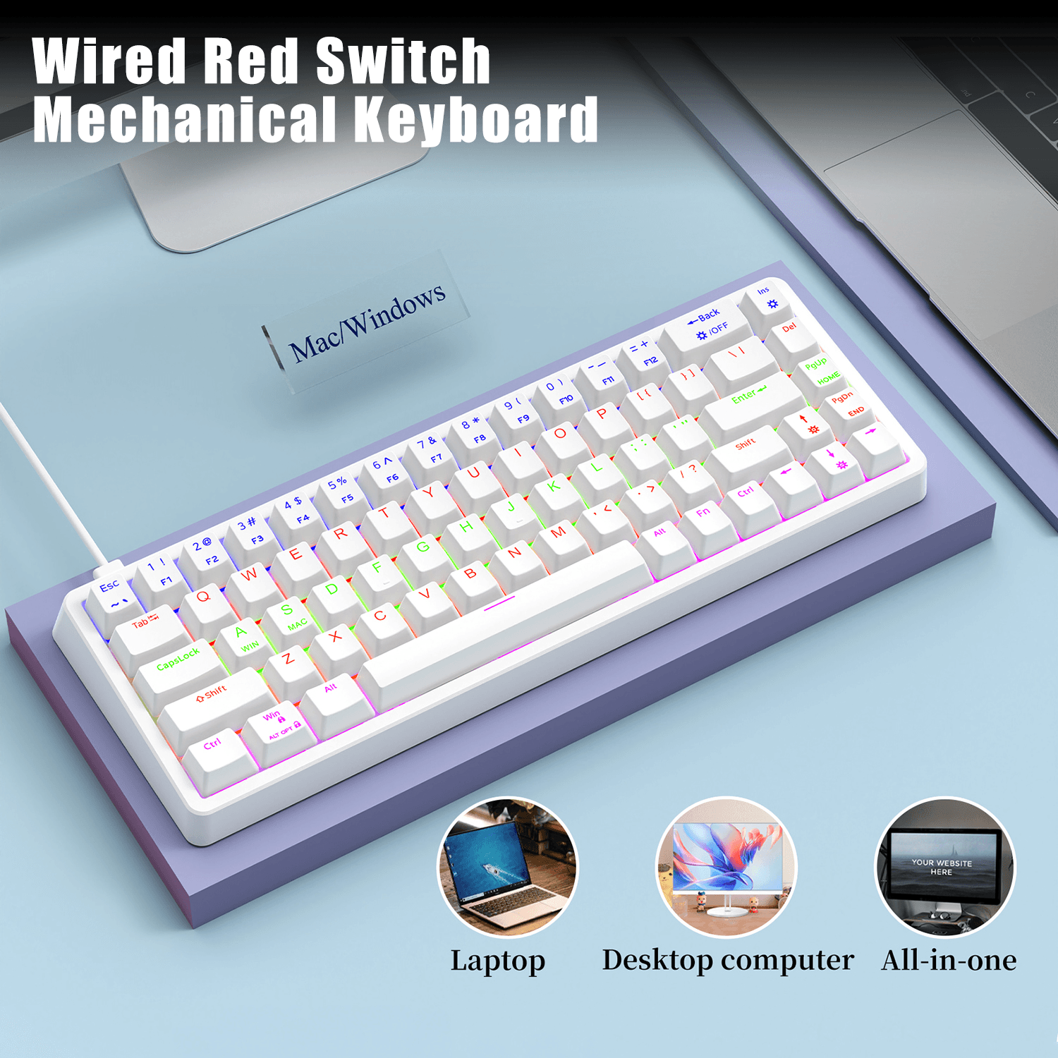 Teclado Mecânico para Jogos Teclado Gatilho Rápido Branco com Fio, Switch Vermelho, RGB, 68 Teclas Compacto e Portátil