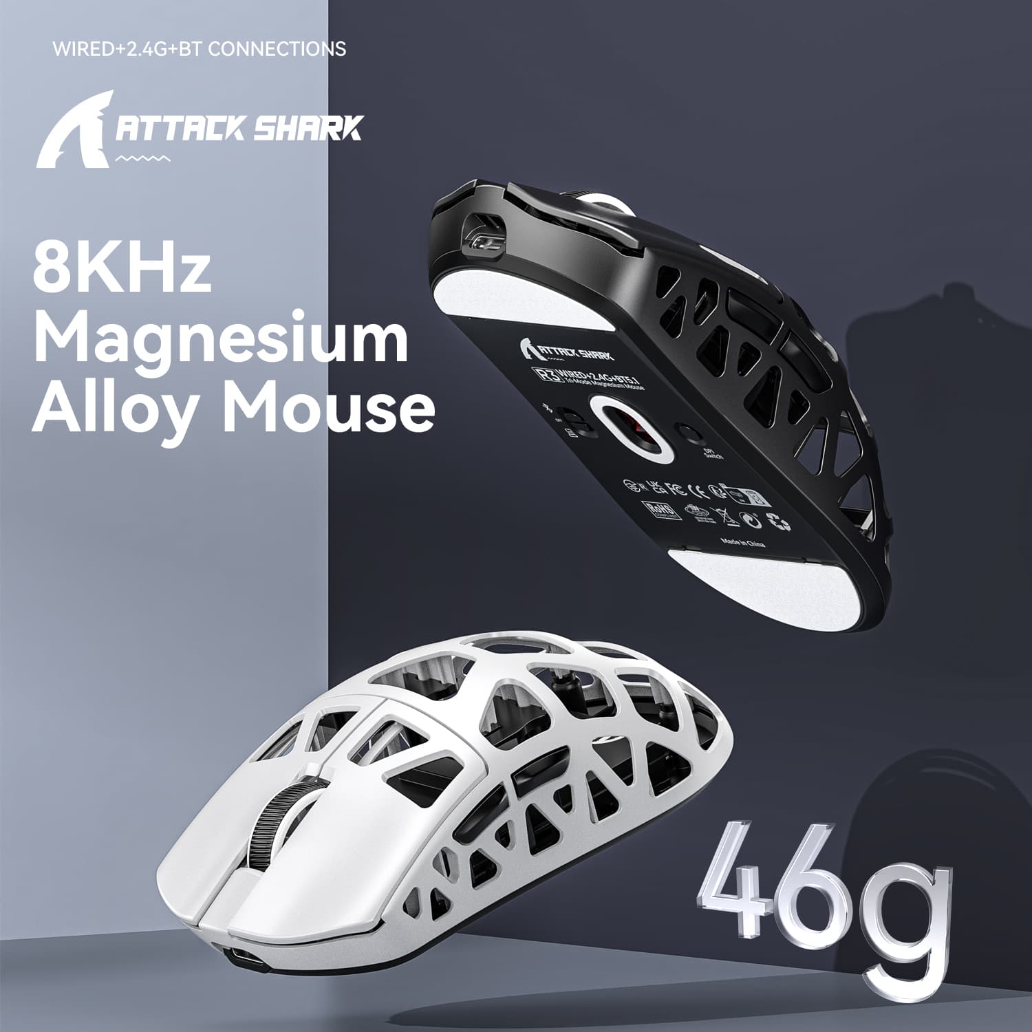 Mouse Sem Fio de Liga de Magnésio ATTACK SHARK R3, Tri-Modo 2.4G BT com fio, ultraleve 46g, PAW3395 8KHz, 26000DPI,