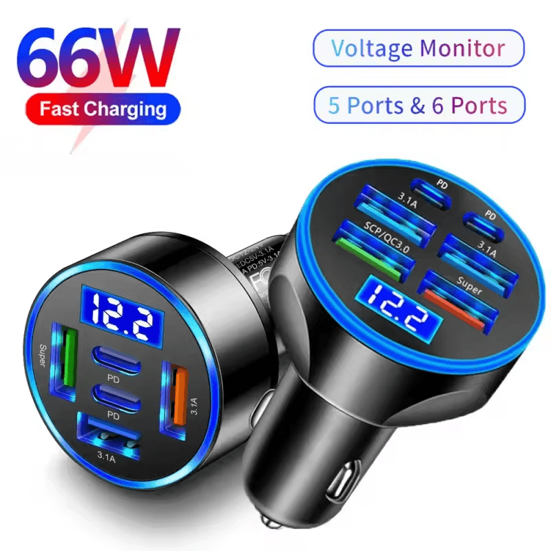 Carregador Veicular PD 3.1 Rápido 3 USB + 2 portas PD Plug Veicular Flash Charge com Visor Digital