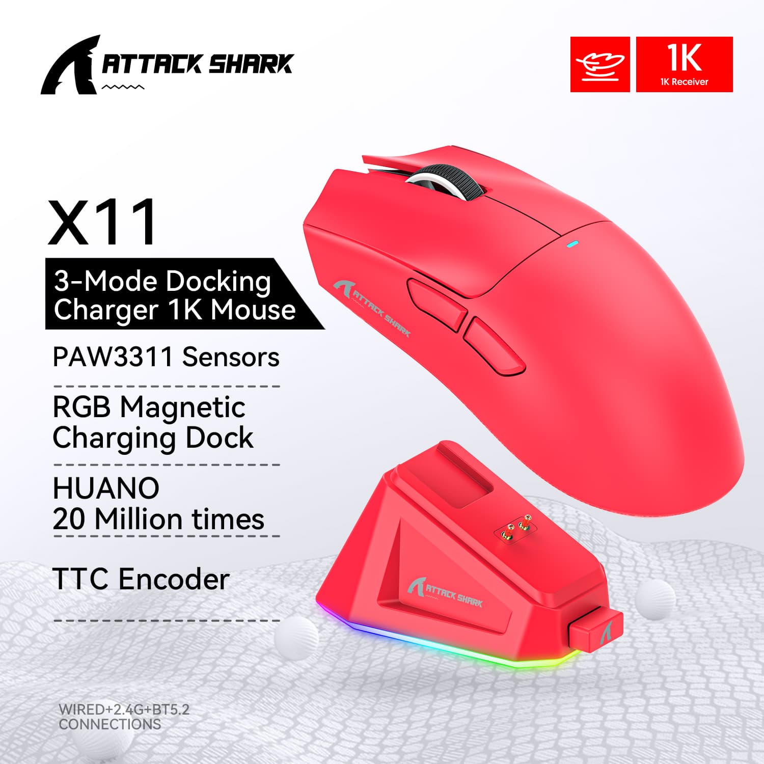 Mouse de Jogos PAW3311 Shark Attack X11 Mouse Gamer Sem Fio com Três Modos, Bluetooth e Carregamento RGB - 3