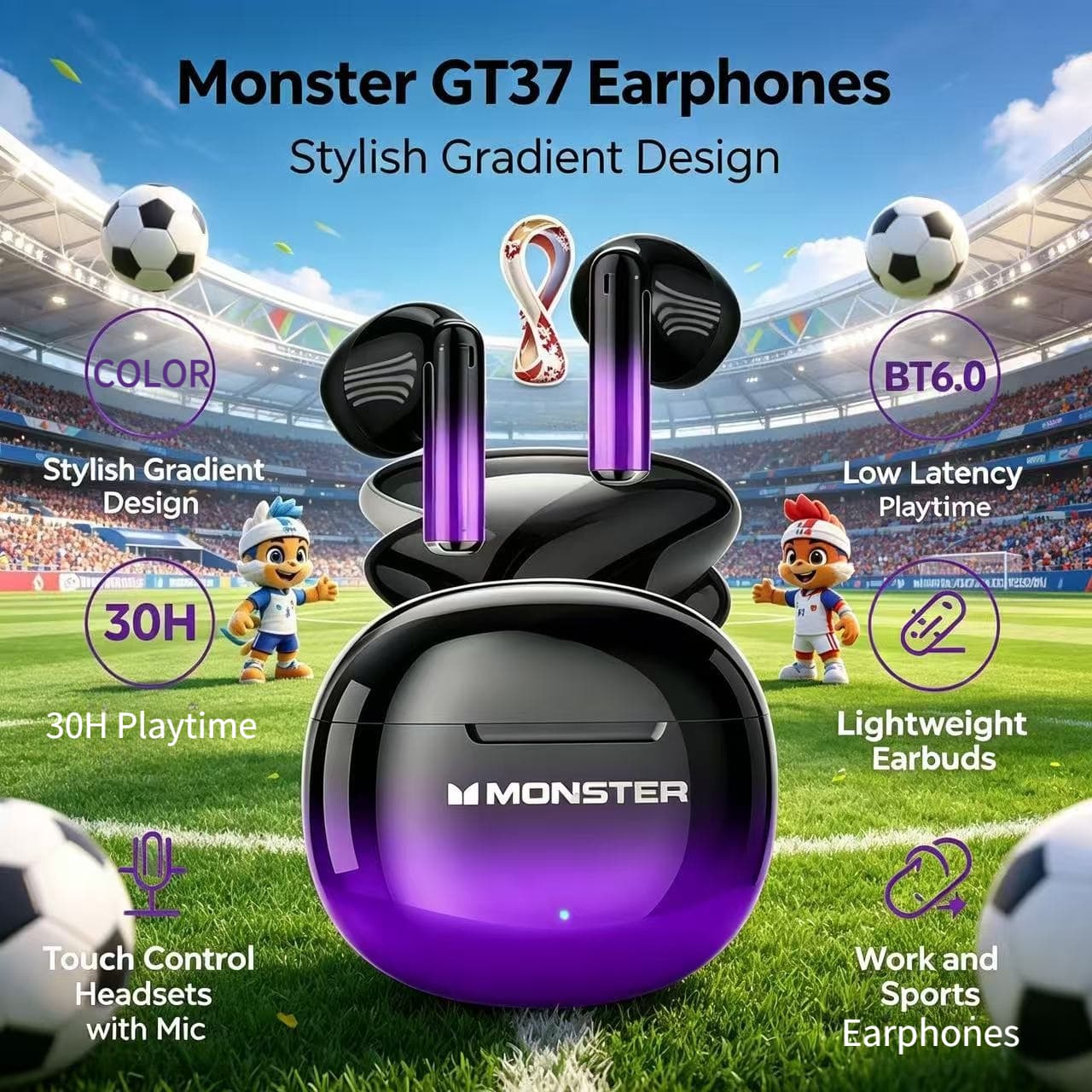 Fones de ouvido Monster GT37, fones de ouvido com cor gradiente, fones de ouvido Bluetooth 6.0 verdadeiros sem fio,