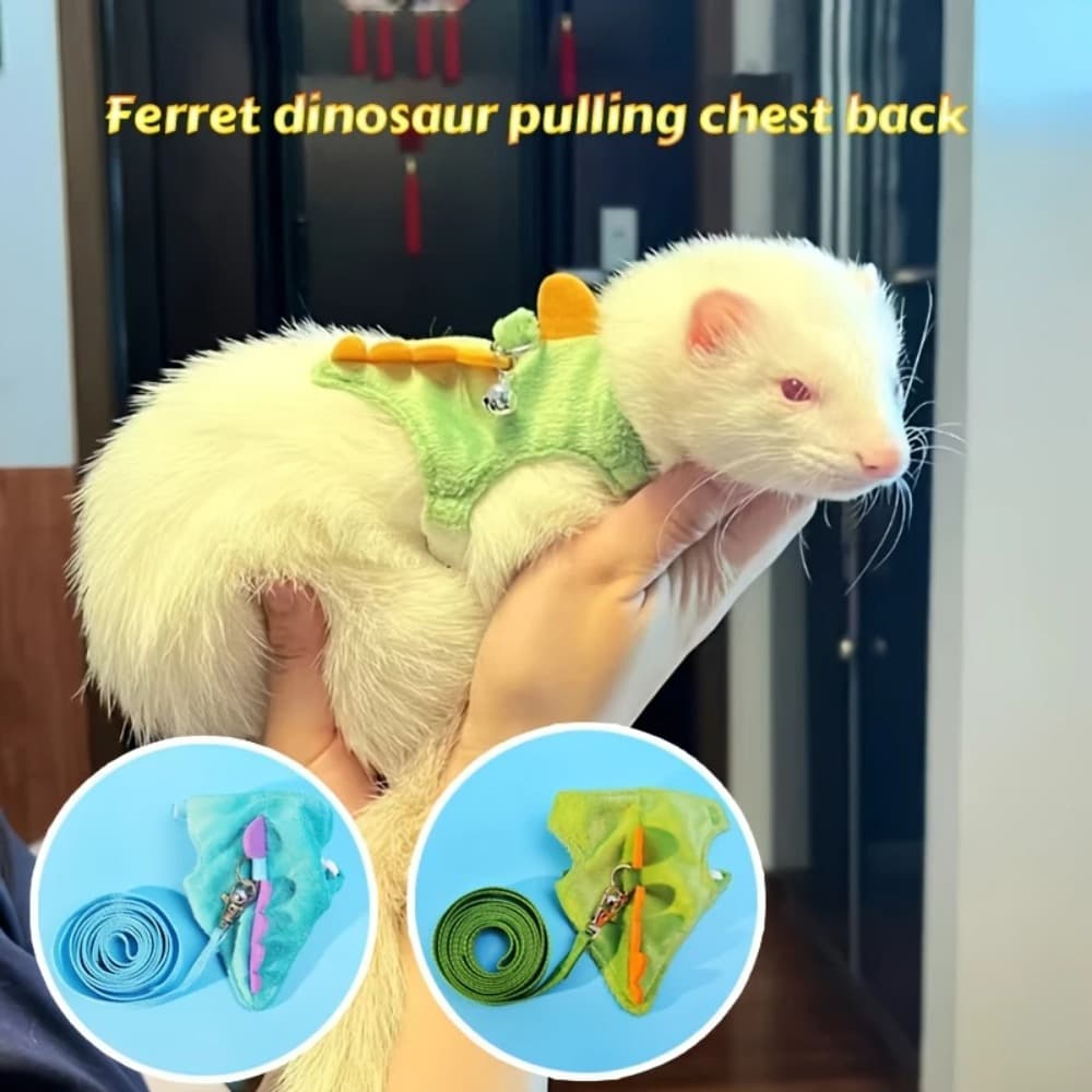 Arnês de coleira de dinossauro para pets, com guia ajustável, colete de poliéster, para porquinho-da-índia e furão,