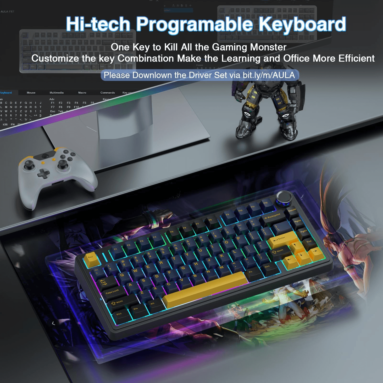 Teclado Mecânico Sem Fio AULA F75 75%, Teclado Cremoso Substituível a Quente, Switches Greywood Pré-Lubrificados,
