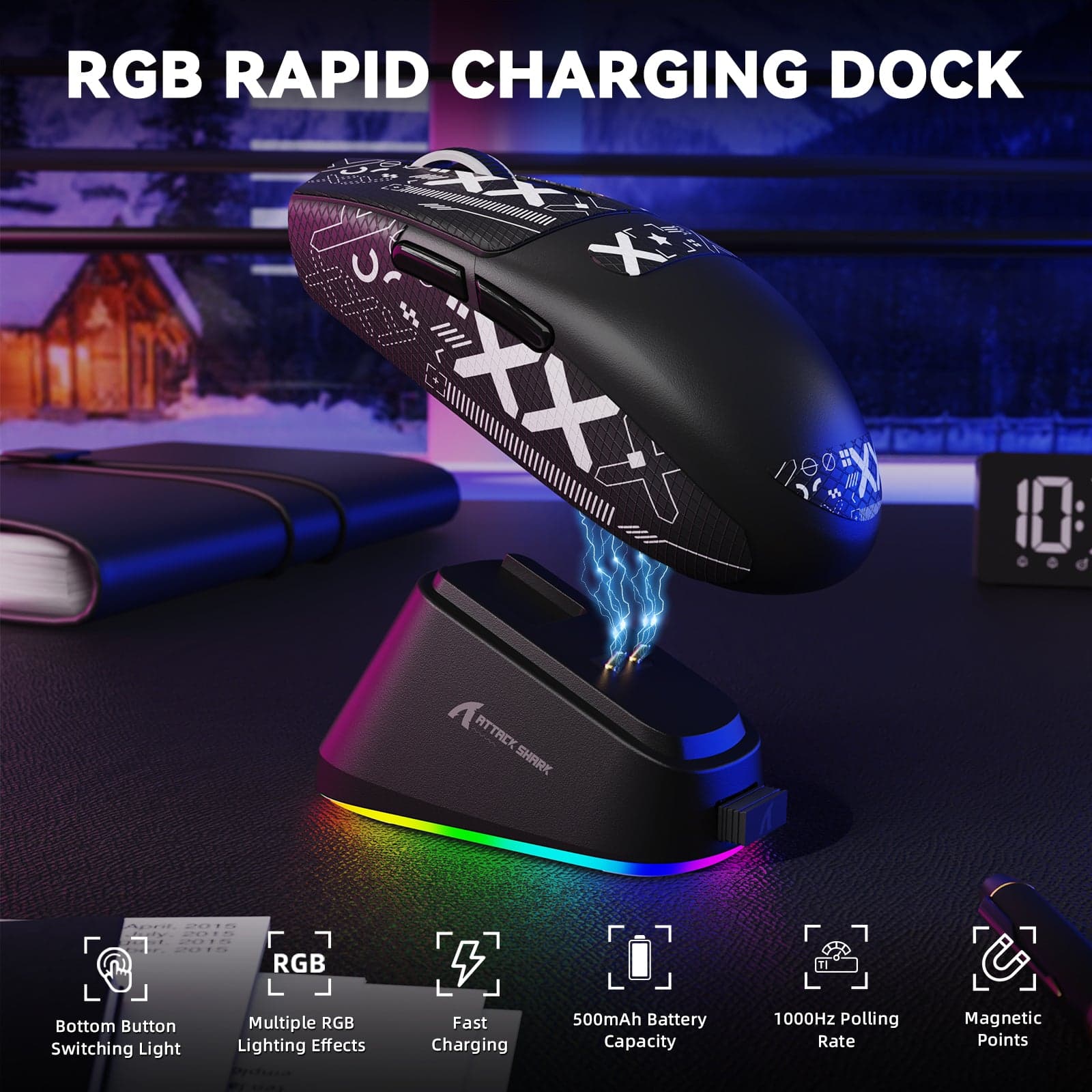 Mouse Gamer Sem Fio ATTACK SHARK G3 PRO, Tri-Modo 2.4G Sem Fio/Bluetooth, Dock de carregamento magnético, 62g ultraleve,