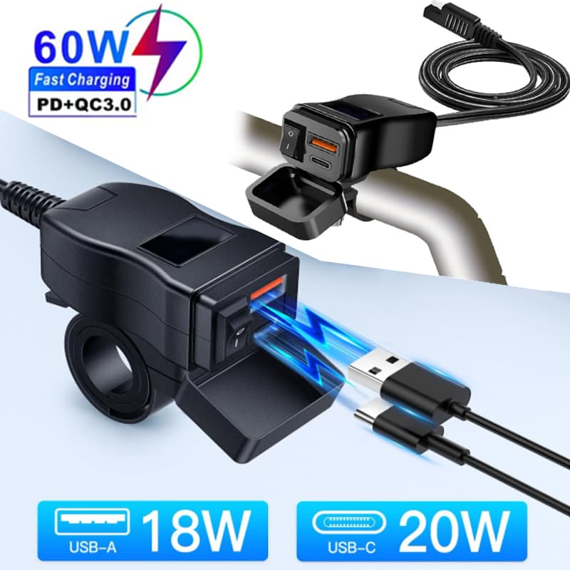  QC3.0 Carregador USB Duplo Rápido para Moto com Tomada para Guidão à Prova D’Água 12V Adaptador de Energia com