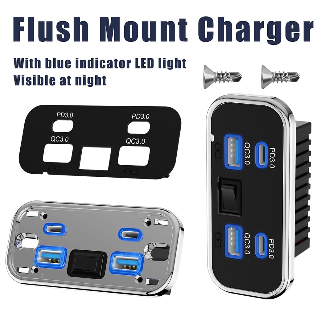 QC 3.0 76W Carregador Veicular à Prova D'Água com Duplo PD 3.0 Tipo C, 4 Portas USB, Carregador Universal 12V 24V