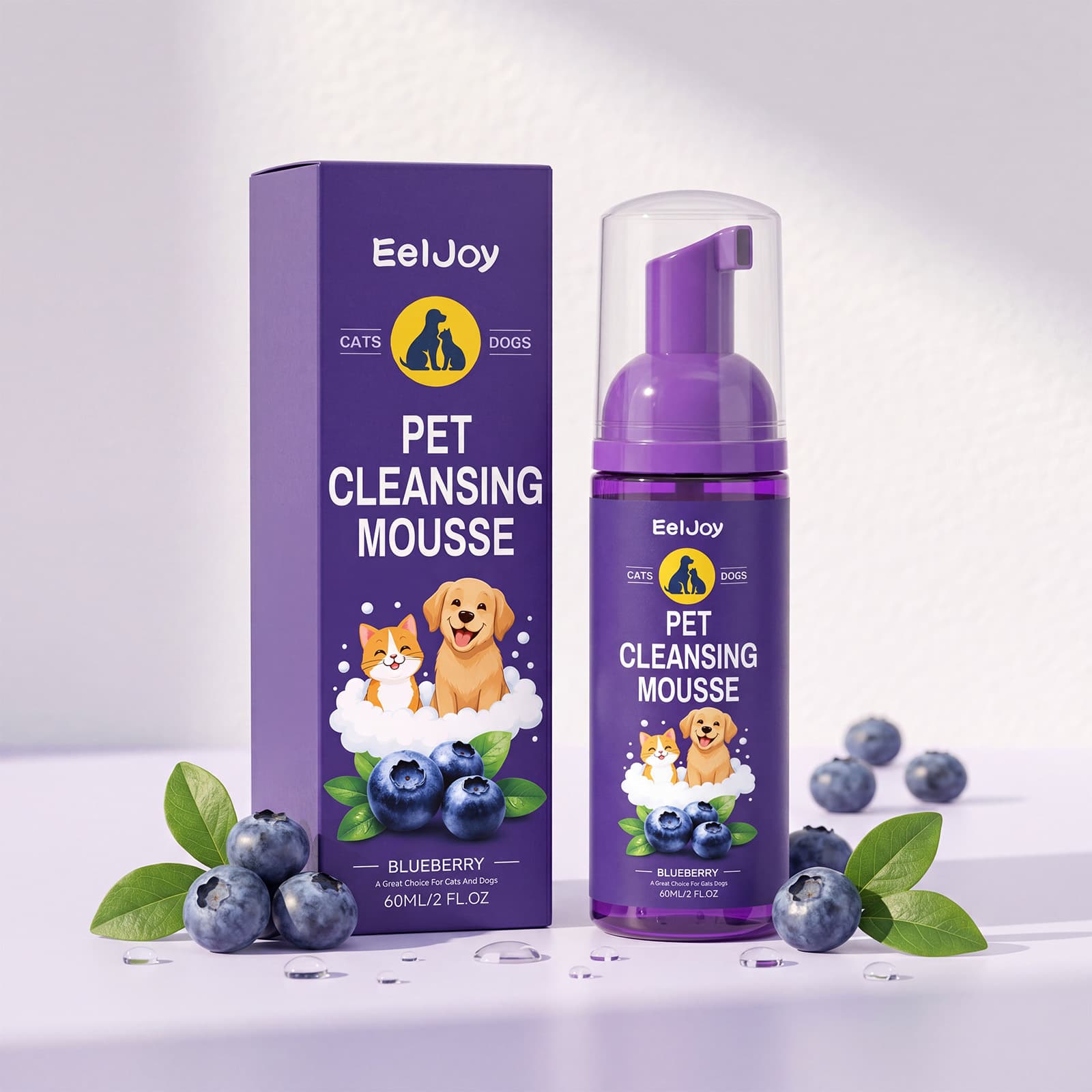 Shampoo Suave Sem Enxágue Para Animais De Estimação 60ml Espuma Água De Mirtilo Cães E Gatos Com Aroma Fresco