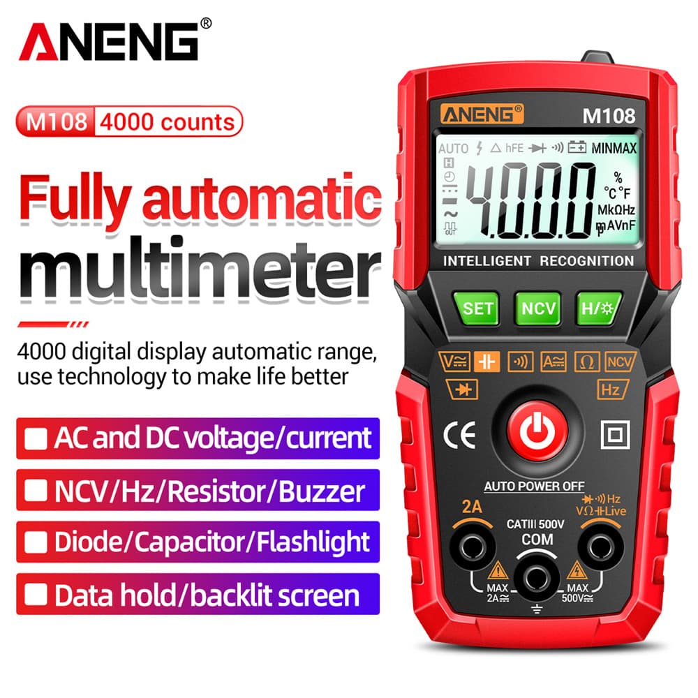 Único Multímetro Digital ANENG M108 , 4000 Contagens De Alcance Automático AC/DC NCV Testador Com Luz De Fundo E Lantern
