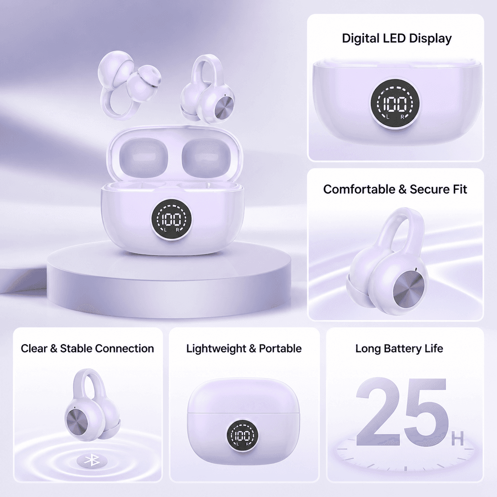  Fones de ouvido K70, fones Bluetooth com clipe de orelha, sincronização de áudio e vídeo, fones de ouvido sem atraso,