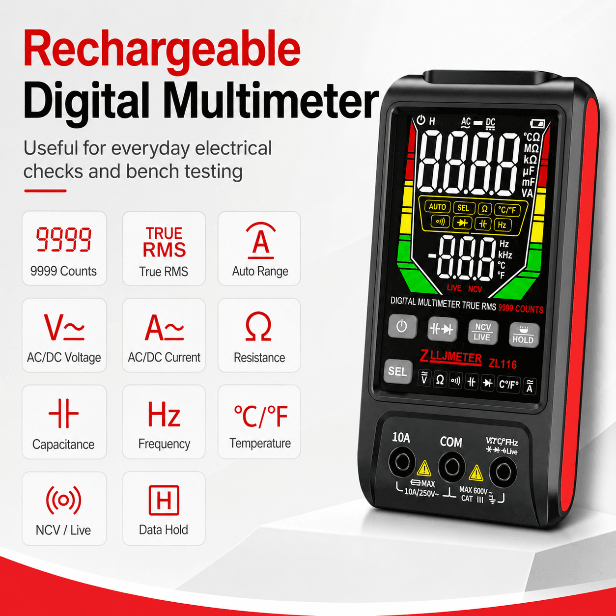 Multímetro Digital Zljmeter ZL116 Único , 9999 Contagens True RMS Auto Range USB Recarregável AC/DC Testador De Corrente
