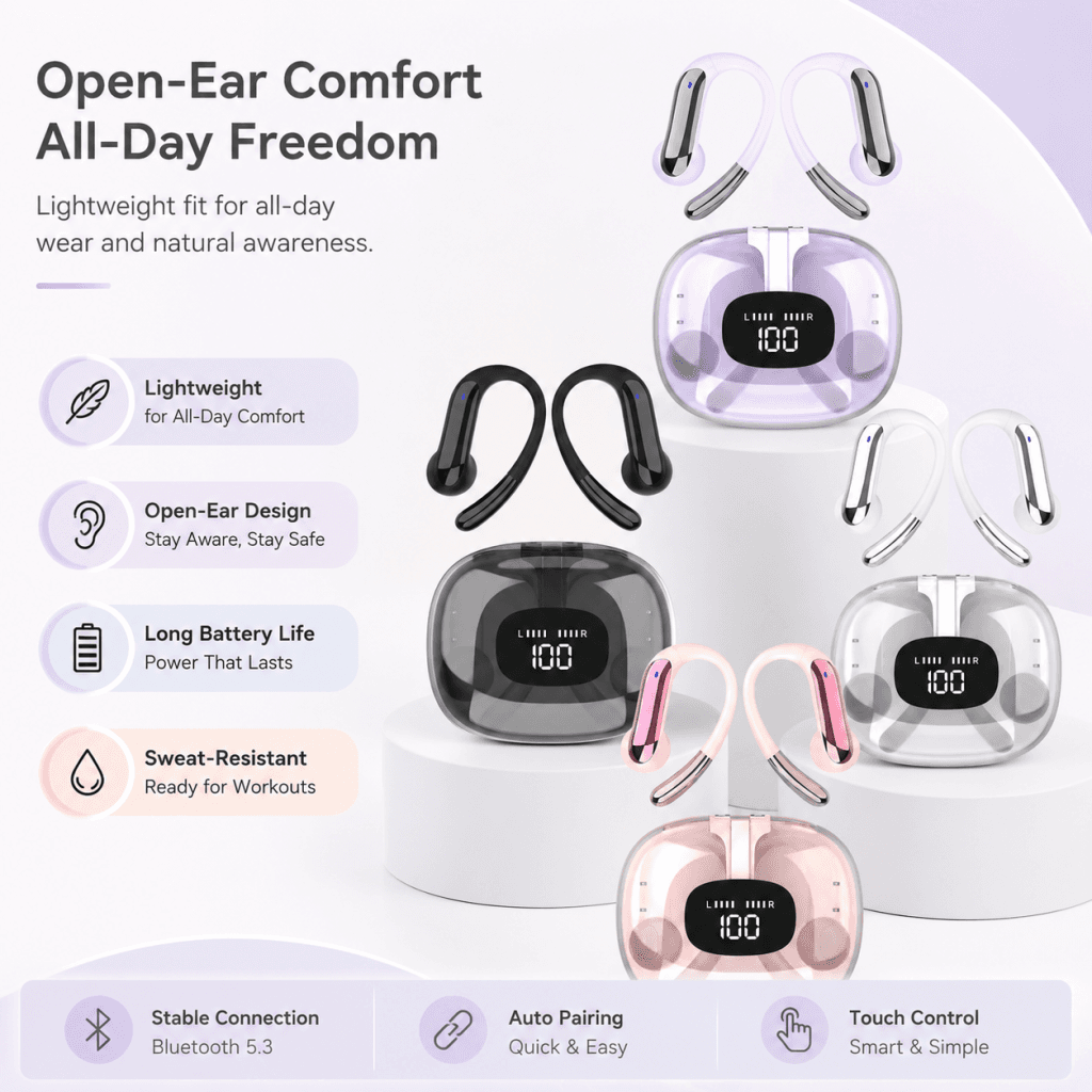 Fones de ouvido sem fio Bluetooth 5.4, fones estáveis, redução de ruído, HiFi para jogos, fones de ouvido para uso o dia