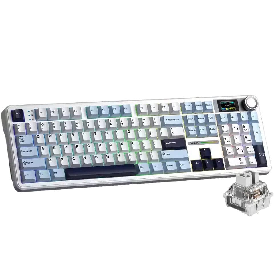 Teclado Mecânico Gamer Sem Fio AULA F108 Pro, Tamanho Completo, com Tela e Knobs, 2,4G/BT 5.0/USB-C, 8000 mAh, RGB,