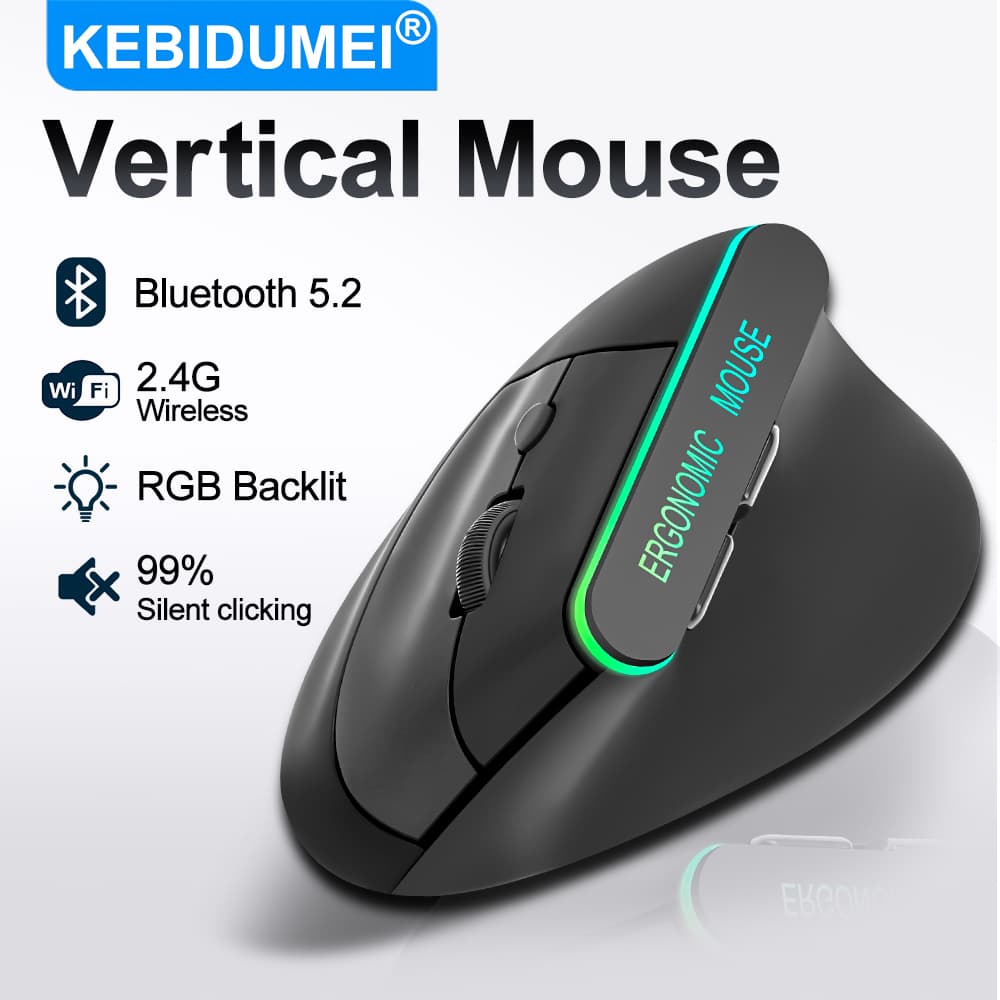 Mouse Vertical de Modo Duplo, Mouse Sem Fio RGB Recarregável, Mouse Bluetooth Silencioso, Mouse Ergonômico de