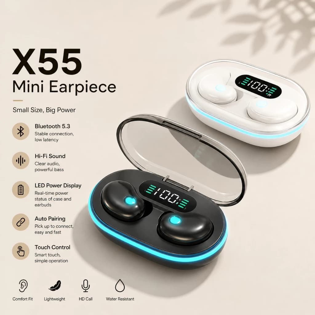 Fones de Ouvido X55 TWS Fones Bluetooth Sem Fio Mini Redução de Ruído para Dormir Fones Estéreo 9D HiFi Esportivos para