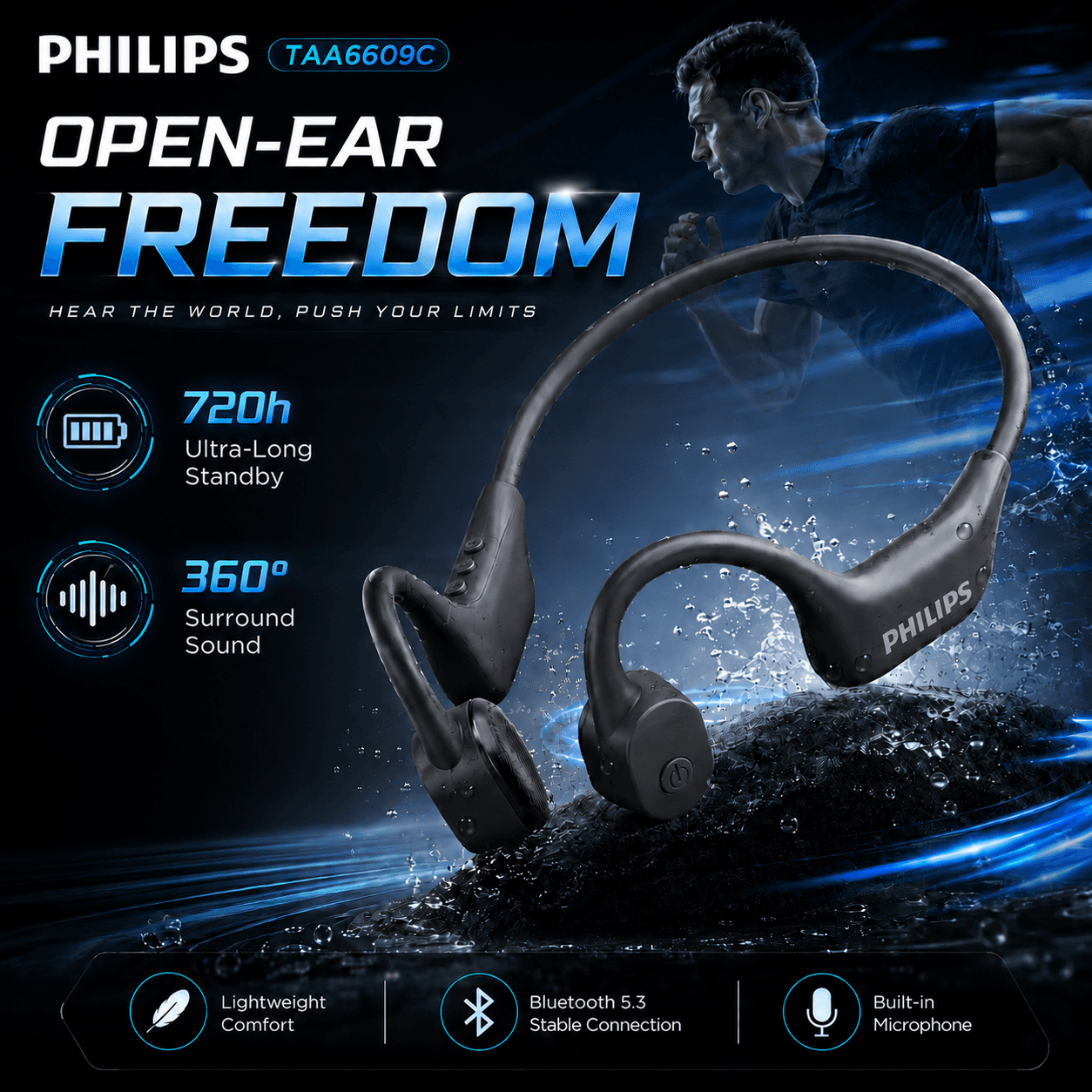 Fones de ouvido Philips TAA6609C: condução óssea, fones profissionais para corrida, chamadas em HD, fones Bluetooth sem