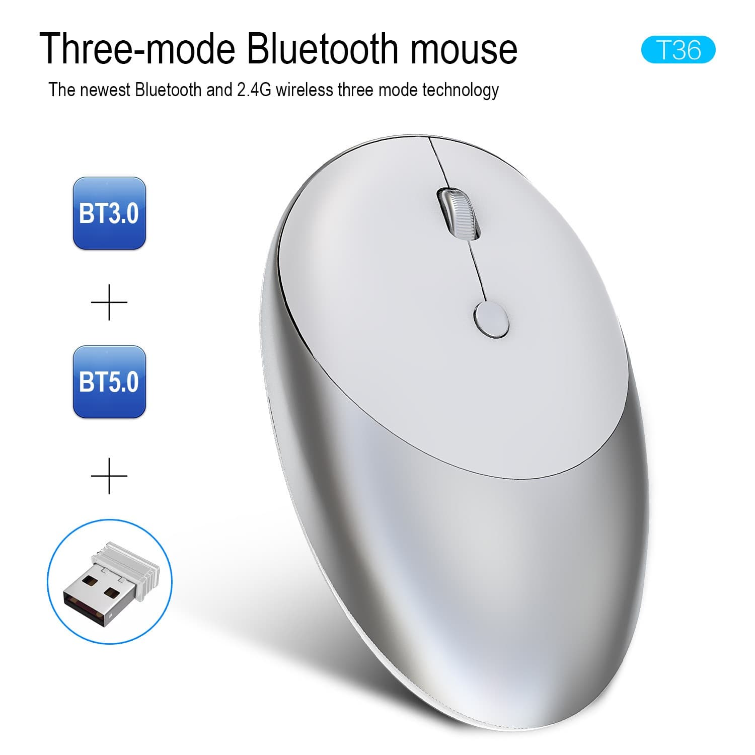 HXSJ T36 Mouse sem Fio, 3a Simulação, Bluetooth 5.0/3.0, Mouse T36 2.4g, Design Silencioso, Ideal para Escritório