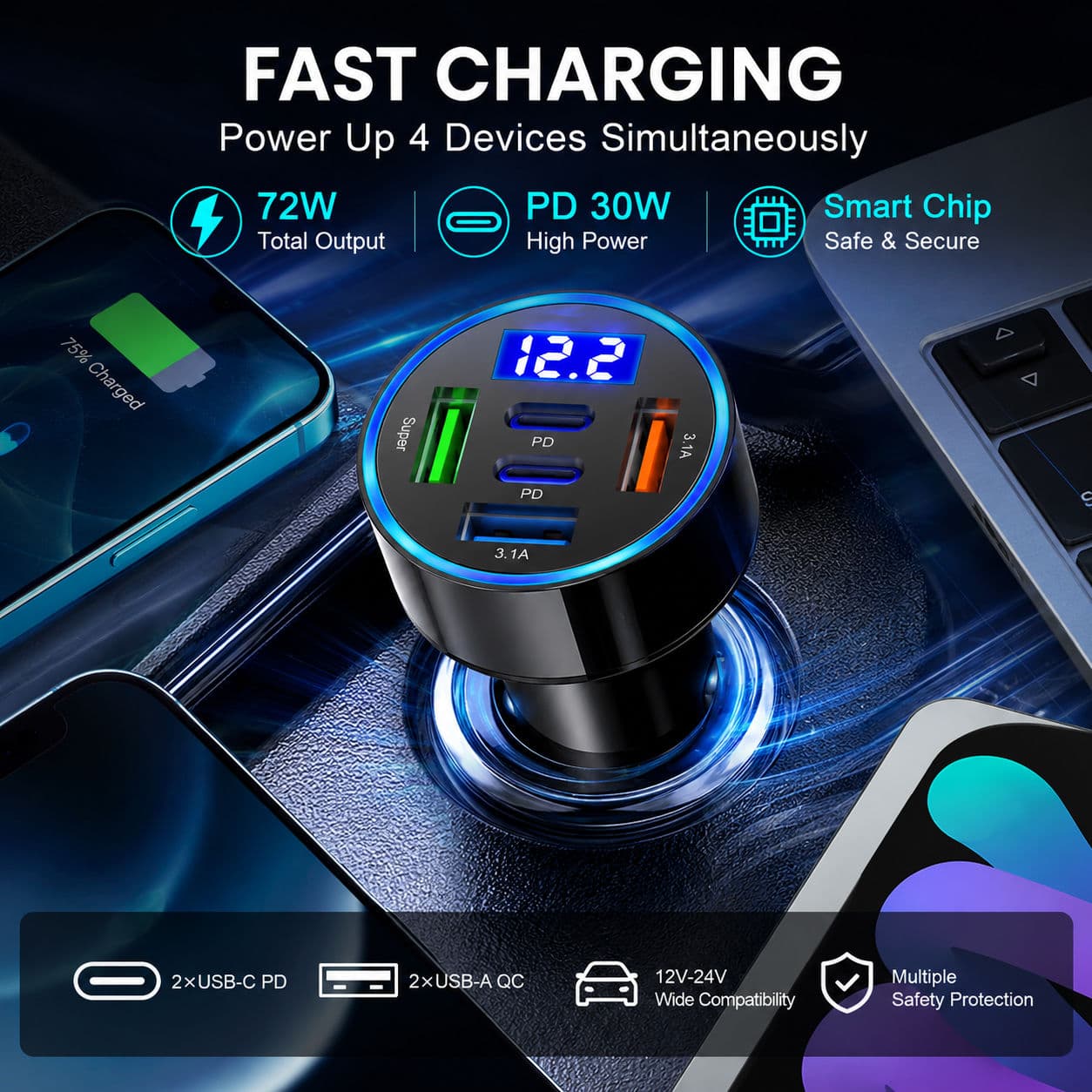 PD 5 Portas Carregador De Carro Rápido USB C Adaptador De Carga Rápida Extensão Soquete Universal