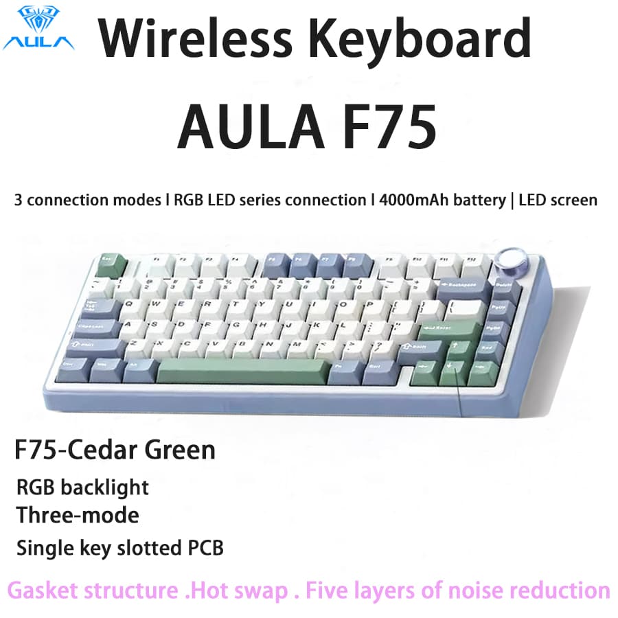 Teclado Mecânico AULA F75 sem fio, Teclado Gamer com RGB e Knob Bluetooth