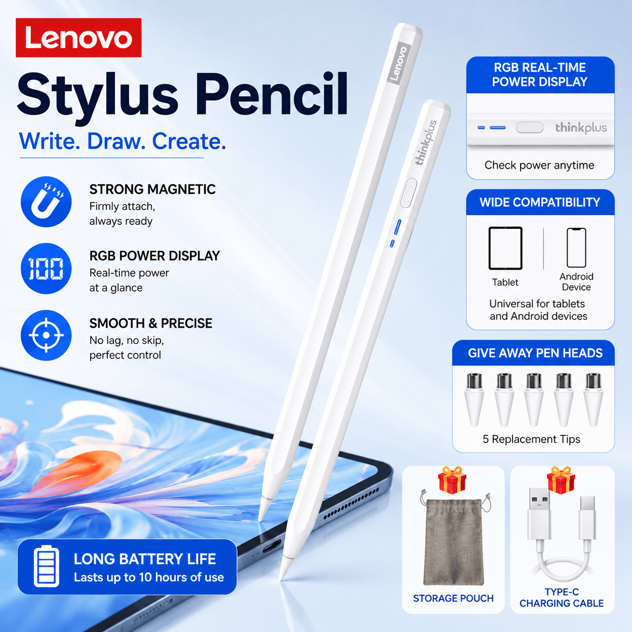 Lenovo Caneta Stylus Universal Para iPad Android Tablet Telefone Bluetooth Conexão Inteligente Hexágono Anti Rolo Design