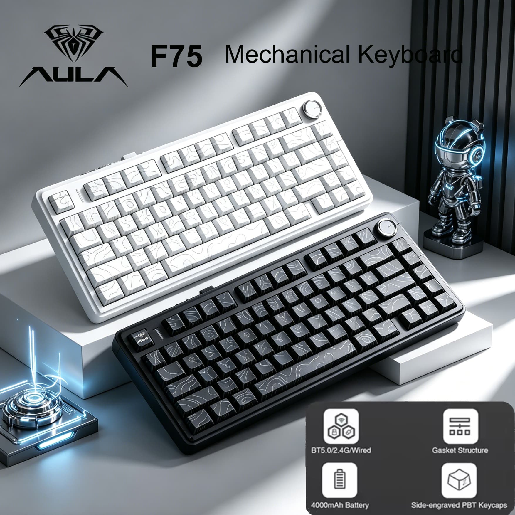 Teclado Mecânico Sem Fio Tri-Modo Aula F75 Estrutura de Junta 75% Interruptores Substituíveis a Quente RGB Teclado de