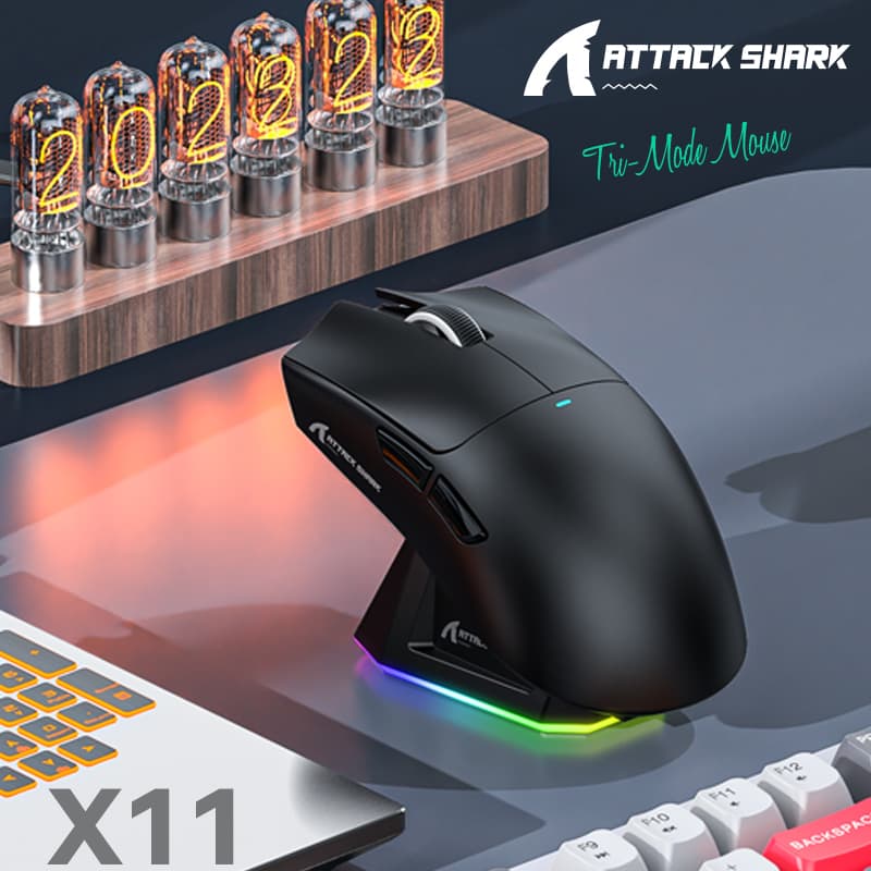 Mouse Gamer Attack Shark X11 Tri-mode, Sensor PAW3311, 22000DPI, Bateria 280mAh, Mouse Sem Fio para E-sports