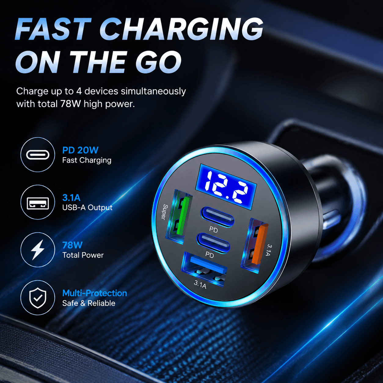 Carregador veicular USB de carregamento rápido 3.0 para iPhone, Samsung, Xiaomi – Adaptador isqueiro
