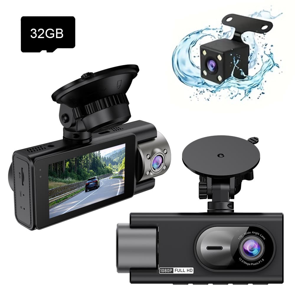 Câmera Veicular 3 Canais Frontal, Traseira e Interna com Cartão 32G 1080P para Carros com Visão Noturna