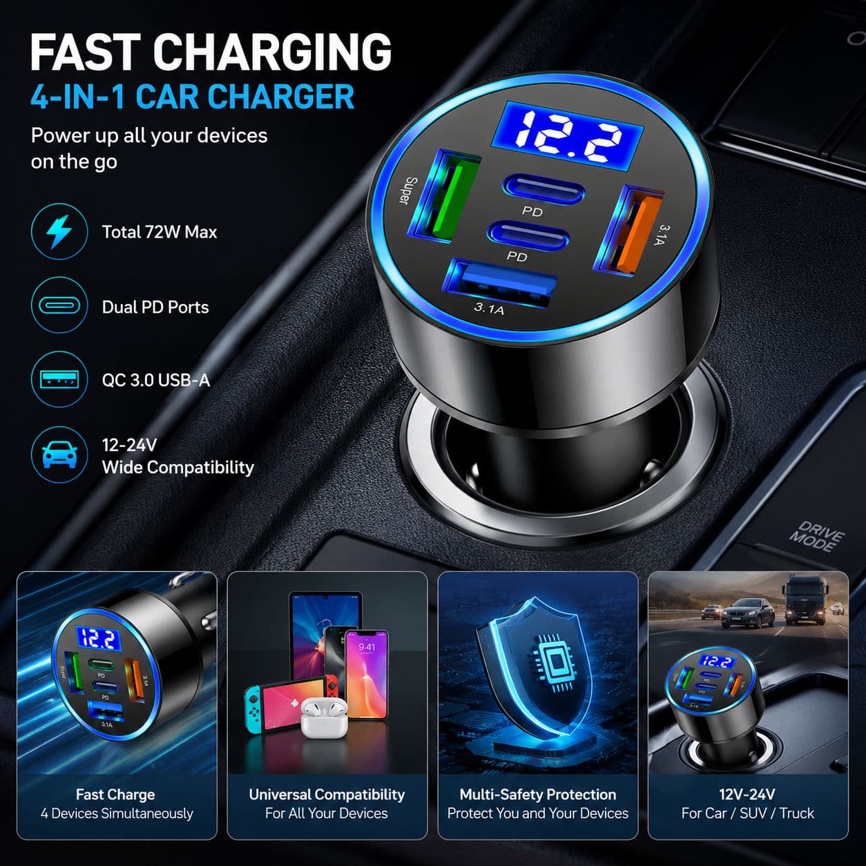 Carregador Veicular 5 Portas PD QC3.0 USB-C Tipo-C de Carregamento Rápido para iPhone