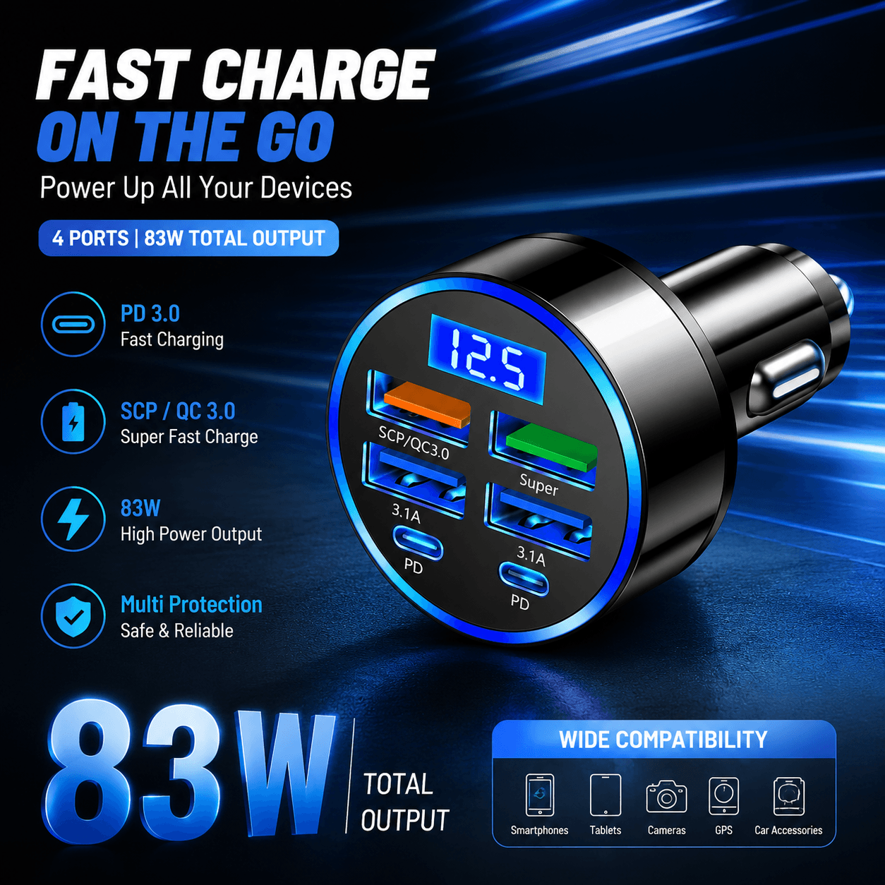 Carregador veicular 83W 4 portas USB QC3.0 PD Type-C com voltímetro digital