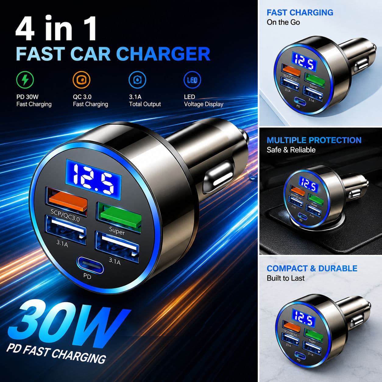 5 Portas USB Carregador Veicular Rápido 7A Mini Carregamento Turbo para iPhone Xiaomi Huawei Adaptador de Carregador